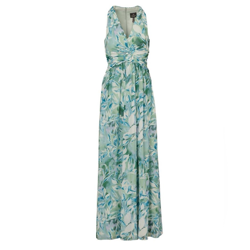 Adrianna Papell Sleeveless chiffon Green Floral Maxi Dress with V-Neck
